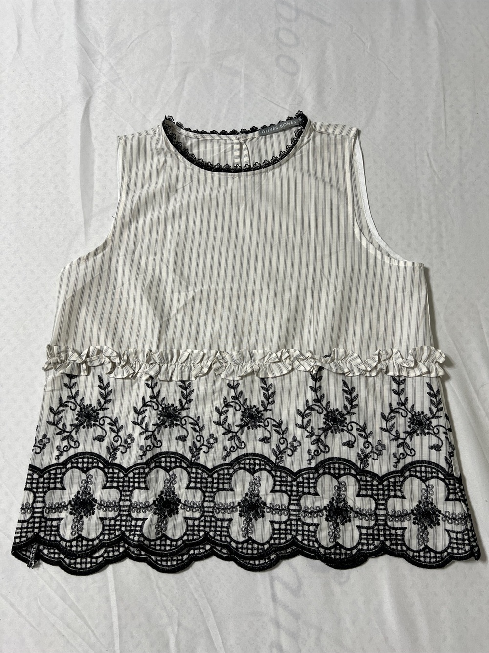 Sleeveless Embroidered Two-Piece Set - White with Black Floral Trim - Picture 2 of 5
